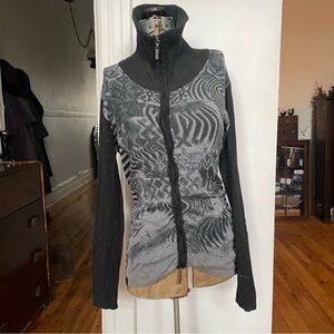 Gray and Black Patterned Zip-Up Sweater